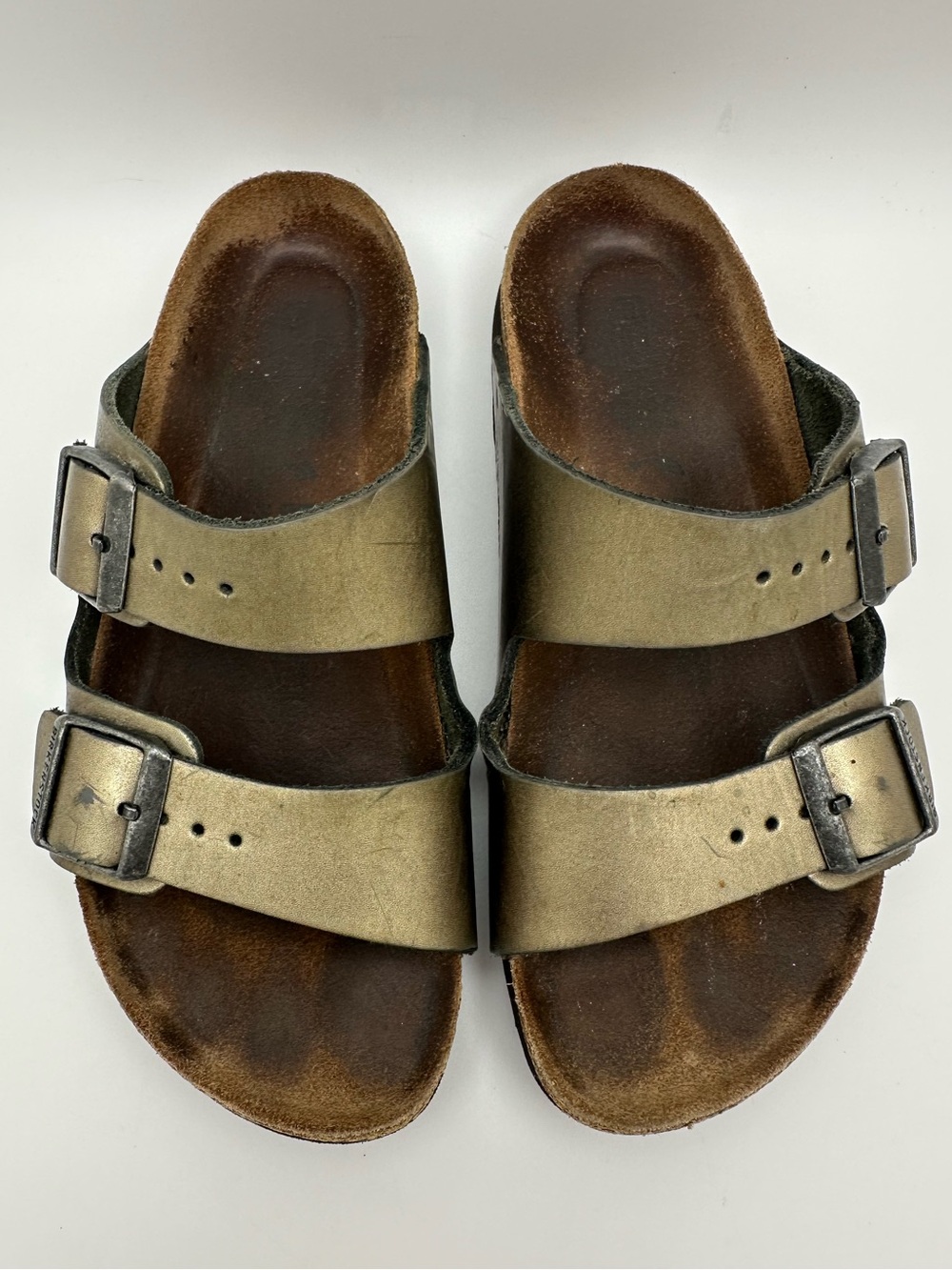 Birkenstock Olive Green Metallic Arizona Two Straps Buckle Women Sz 36/US 5
